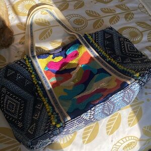 Colorful Embroidered Canvas Tote Bag - Blue Multicolor
